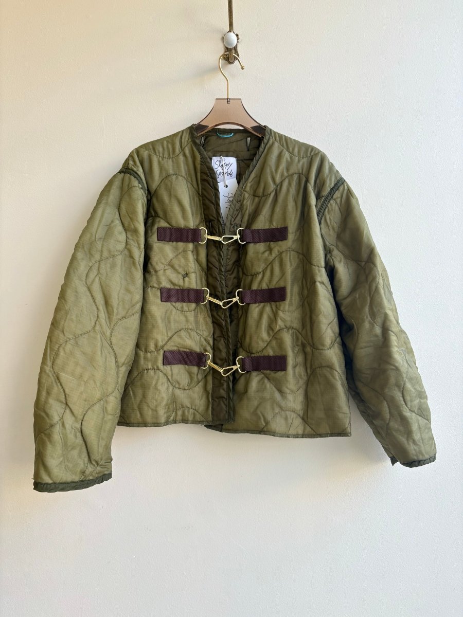 Olive Green Army Liner Quilted Coat w/ Brown Canvas & Gold - Tone Clasps (Reworked) - Made X Hudson