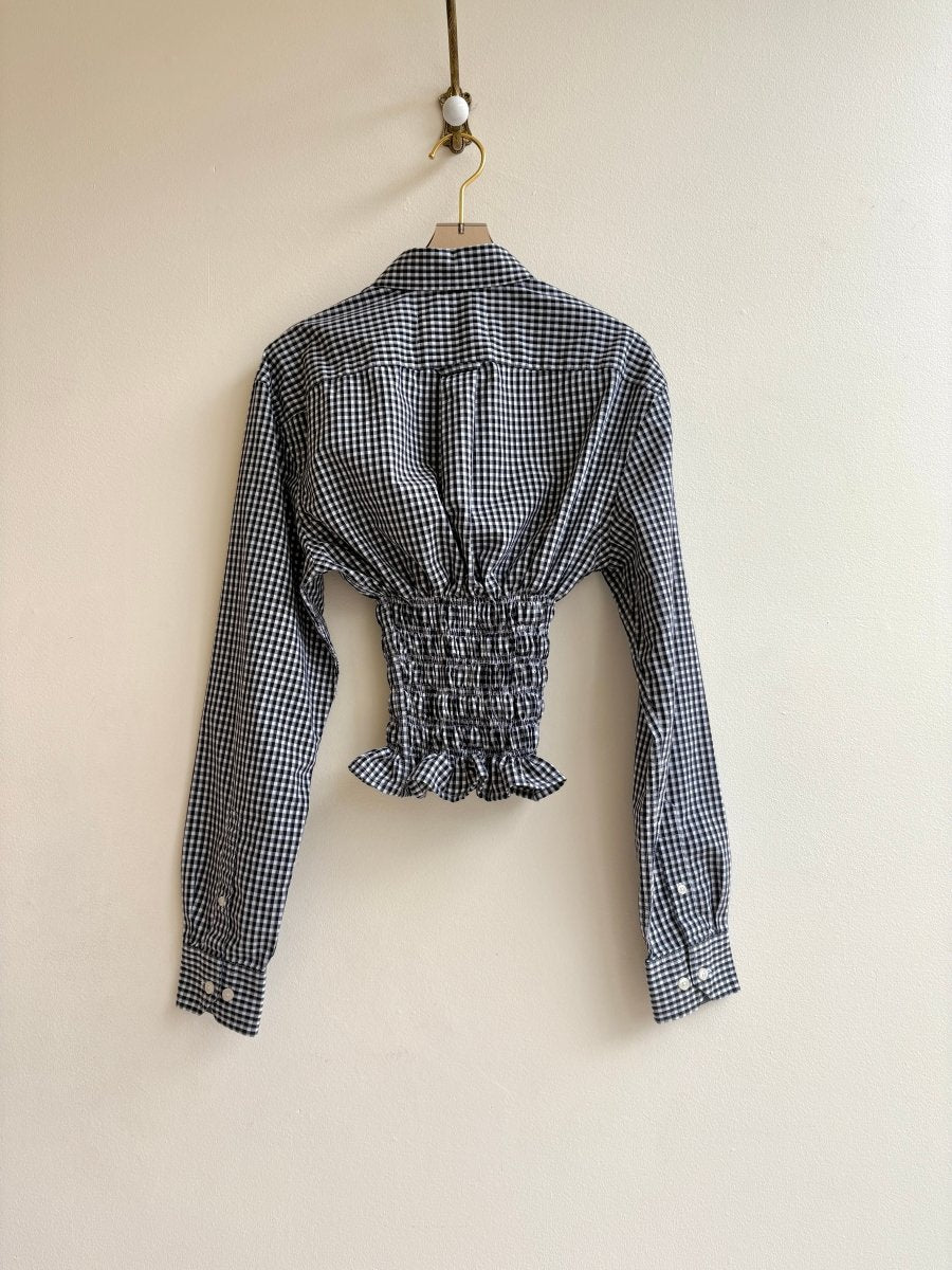 The George Top | Black & White Checkered Print Button Down Top w/ Smocked Waist (Reworked) - Made X Hudson