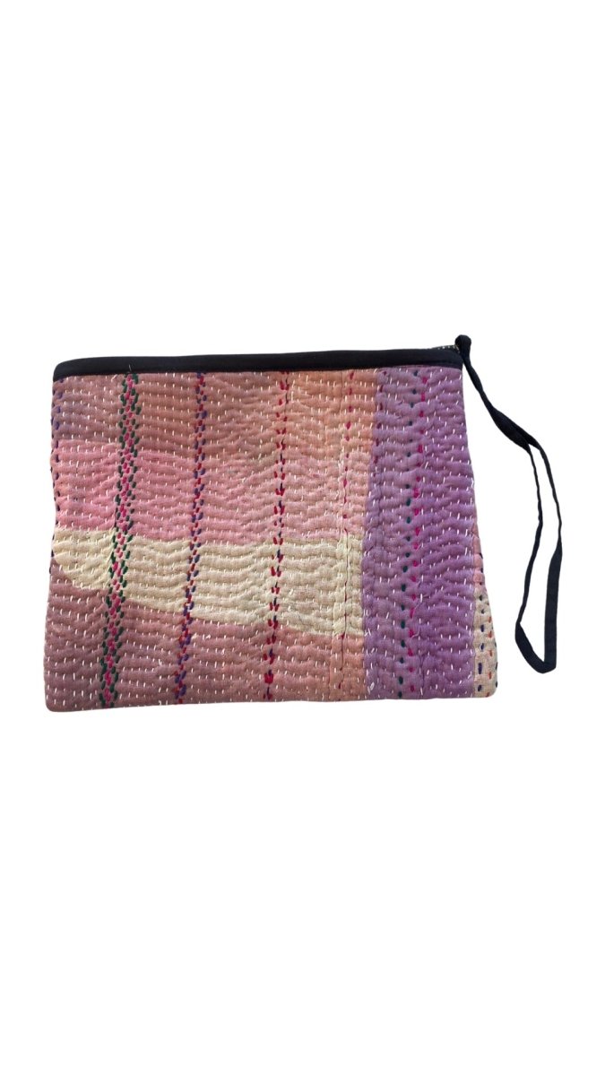 Biju Vintage Kantha Quilted Zipper Pouch in Colors Mauve, Purple & Cream - Made X Hudson