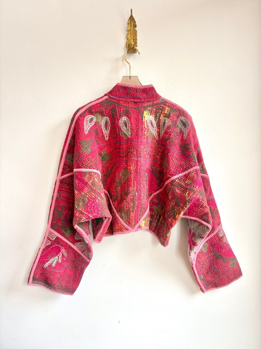 Reversible Suzani Quilted Cropped Jacket in Colors Green, Hot Pink, Truffle, Mauve & Brick Red, Hot Pink, Truffle, Light Pink - Made X Hudson