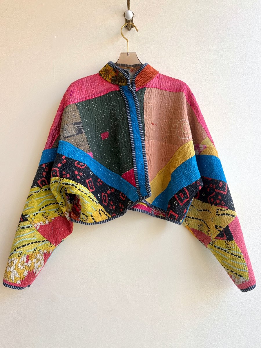 Reversible Kaira Quilted Cropped Jacket in Colors Red, Taupe, Rose, Citrus Patchwork & Cobalt, Magenta, Gold - Made X Hudson