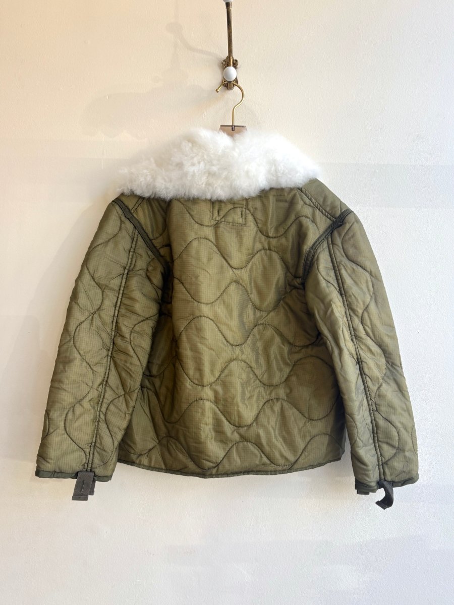 Olive Army Liner Quilted Coat w/ White Alpaca Fur Collar & Blue Canvas & Silver - Tone Clasps (Reworked) - Made X Hudson