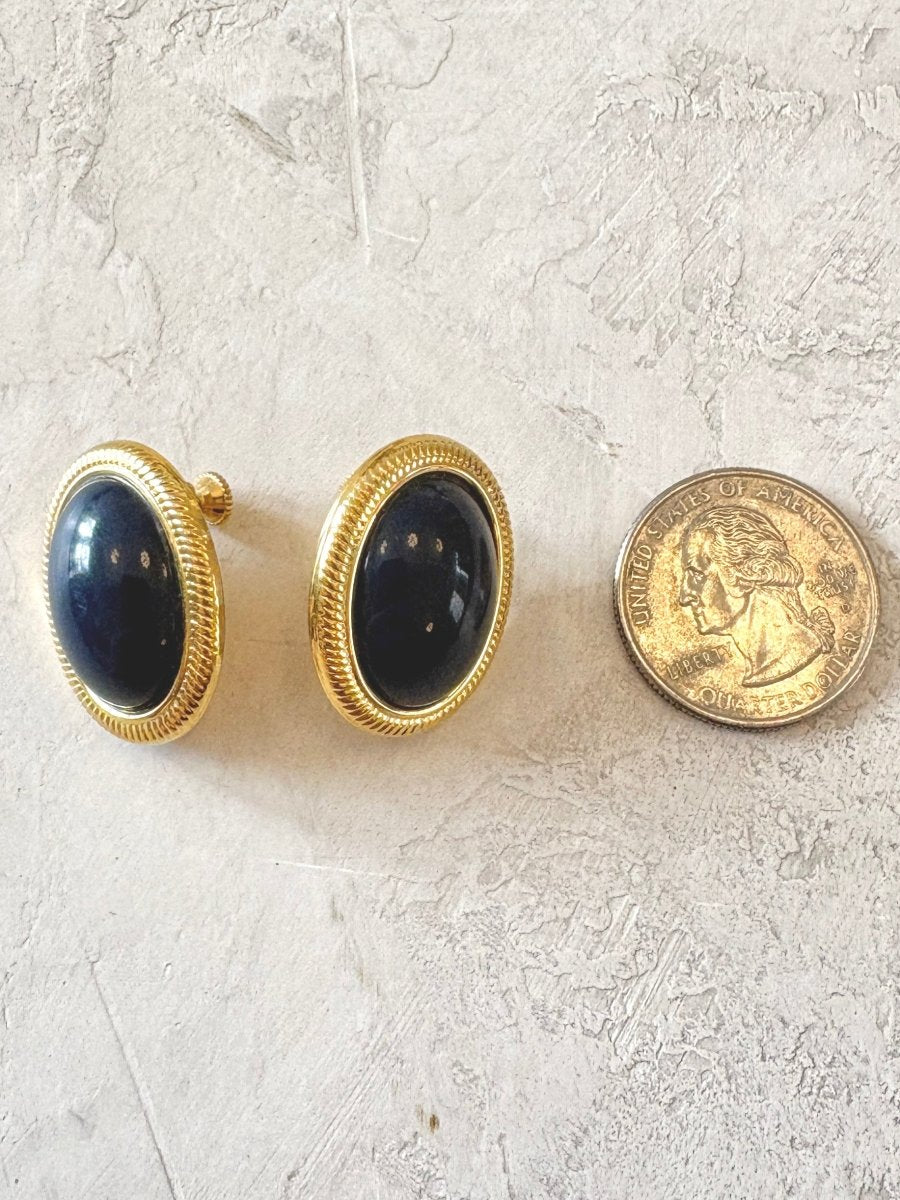Gold Tone Border and Navy Jackie O Clip On Earrings (Vintage) - Made X Hudson