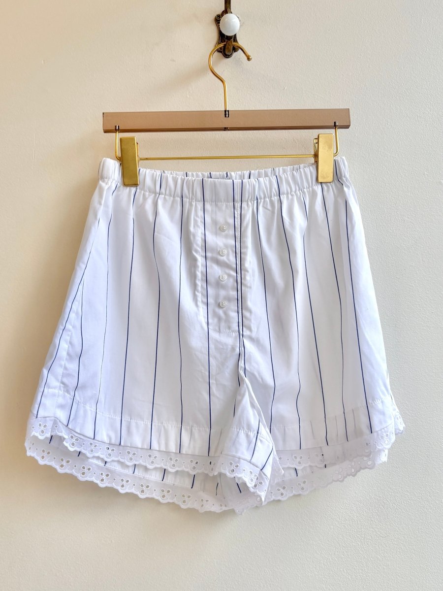 White Wide Micro Blue Stripe w/ Eyelet Trim Boxer Shorts (Reworked) - Made X Hudson