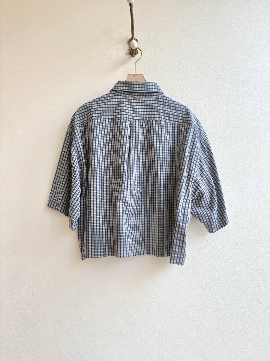 Blue & Ivory Plaid Short Sleeve Annette Crop Top (Reworked) - Made X Hudson