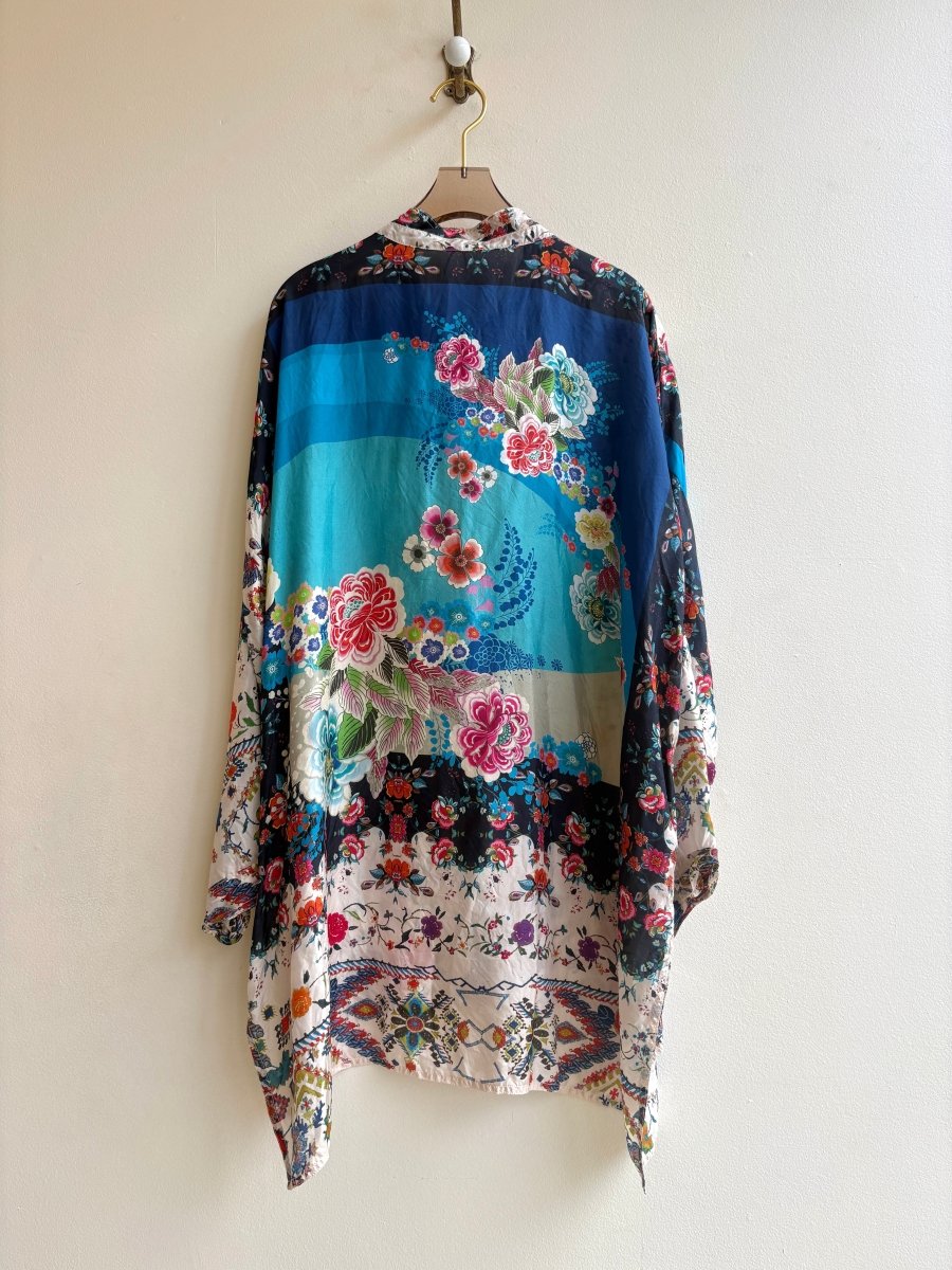 Johnny Was | Aqua and Cream Mixed Pattern Silk Blouse (Vintage) - Made X Hudson