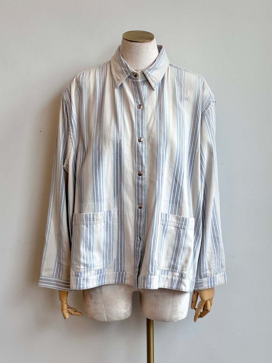White w/ Light Blue & Red Stripes Denim Shirtjacket (Reworked) - Made X Hudson