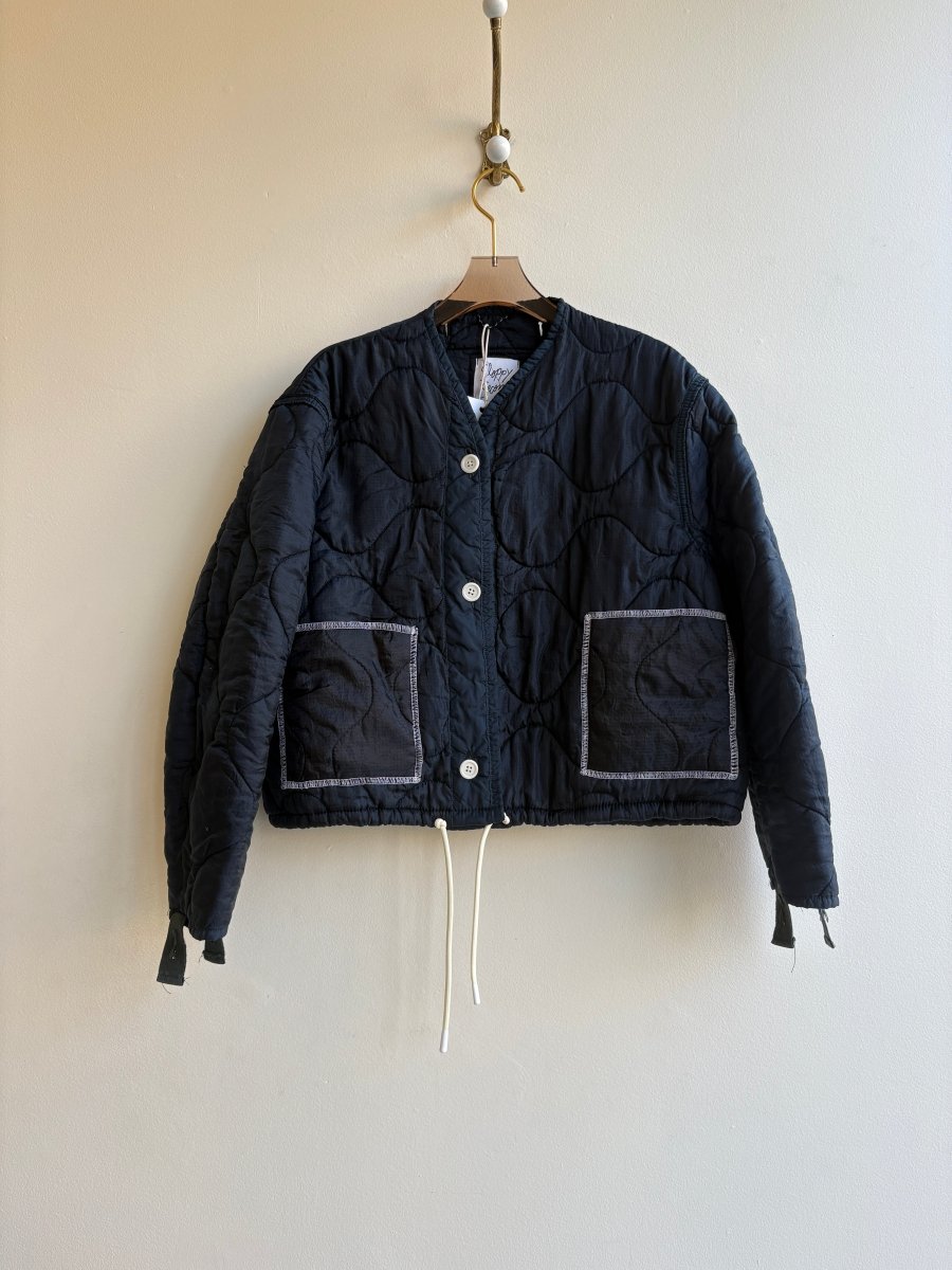Navy Army Liner Quilted Coat w/ White Buttons, White Drawstrings, & Patch Pockets (Reworked) - Made X Hudson