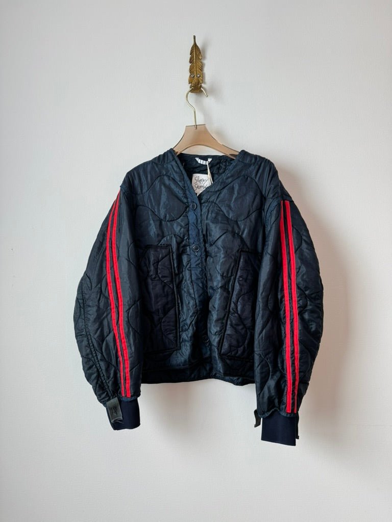 Deep Navy Army Liner Quilted Track Jacket w/ Navy Buttons, Red Striped Sleeves & Oversized Pockets (Reworked) - Made X Hudson