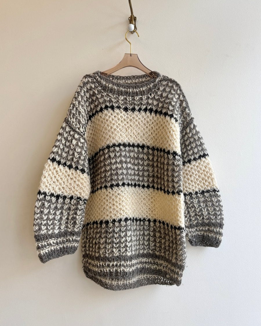Hand - Knit Black, Grey, & Ivory Striped Canadian Ski Sweater (Vintage) - Made X Hudson