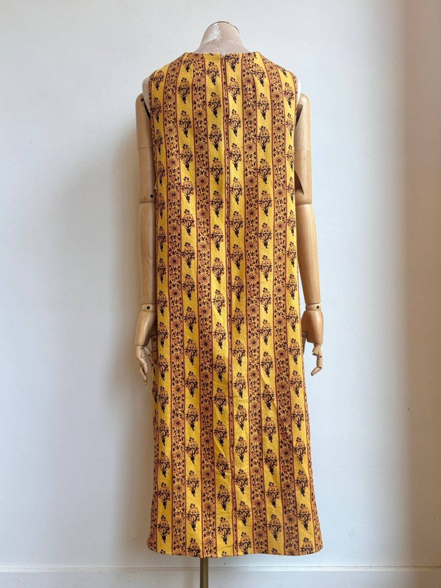 Maroon & Black Floral Stripe Golden Yellow Chore Dress w/ Patch Pockets - Made X Hudson
