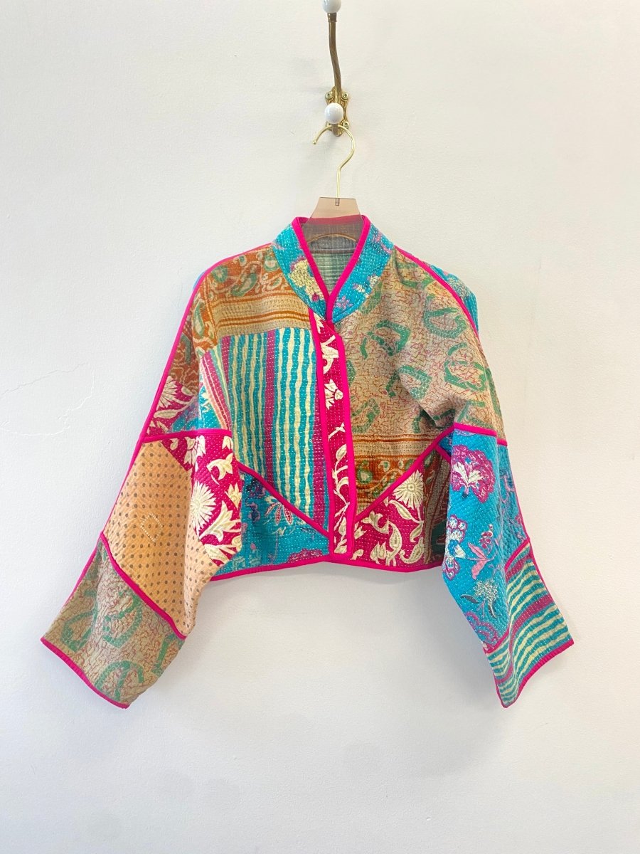 Reversible Kaira Quilted Cropped Jacket in Colors Bright Blue, Hot Pink, Tan, Green & Green, Orange, Yellow - Made X Hudson