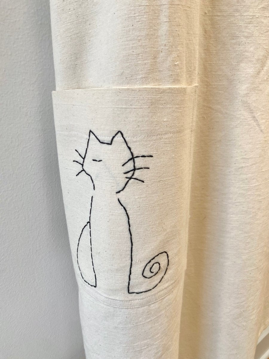 White Organic Linen Hand Embroidered Pinafore Apron w/ Black Cats - Made X Hudson