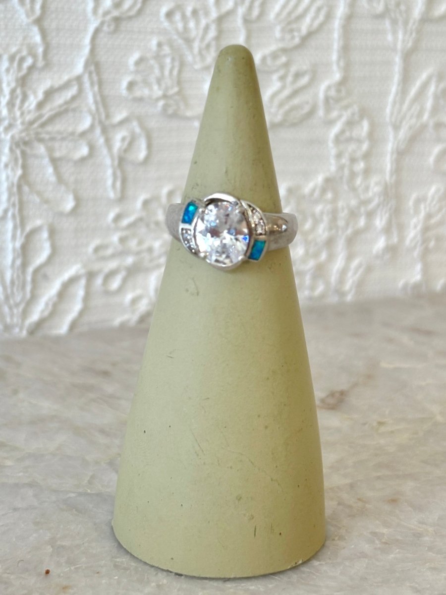 Solid Sterling with Large Oval Clear Stone and Opals Ring (Vintage) - Made X Hudson
