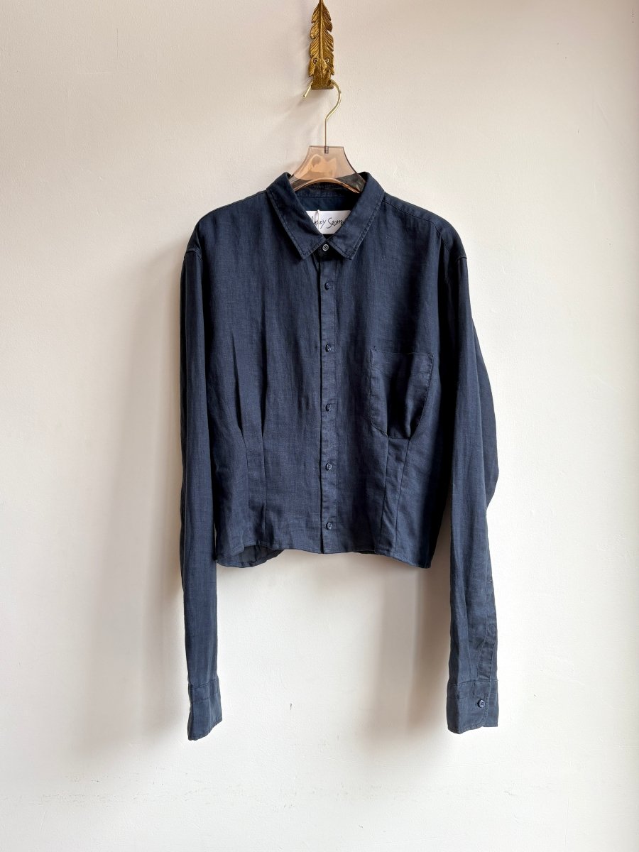 The Kevin Top | Navy Linen Button Down Top w/ Gathered Waist (Reworked) - Made X Hudson