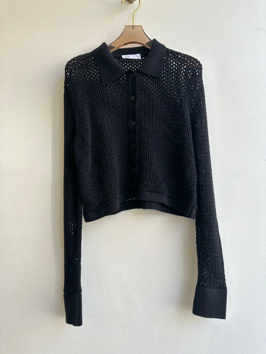 Black Openwork Knit Crop Button Down w/ Collar - Made X Hudson
