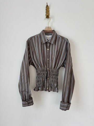 The George Top | Taupe & Multi Color Stripe Button Down w/ Smocked Waist (Reworked) - Made X Hudson