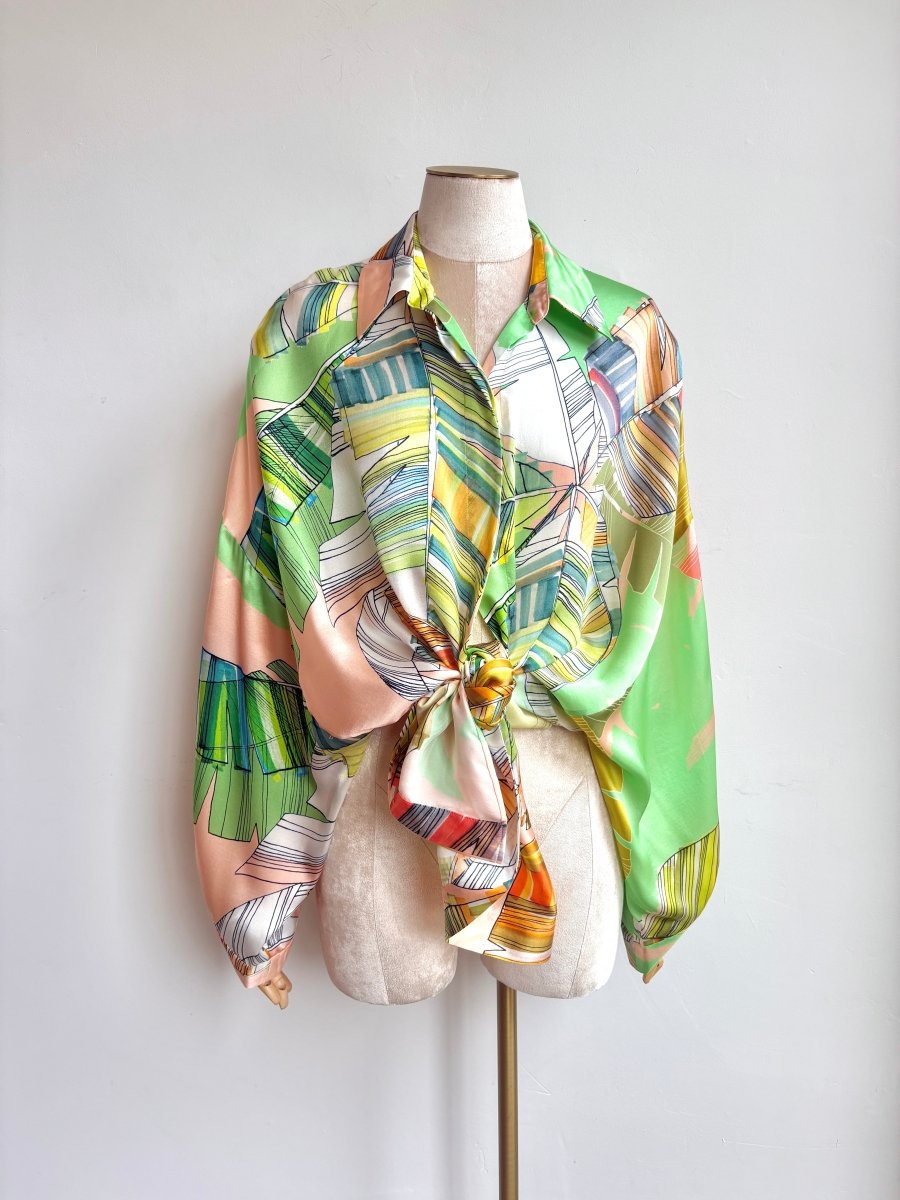 Silk Button Down Long Shirt in Lime and Pink Tropical Leaf Print - Made X Hudson