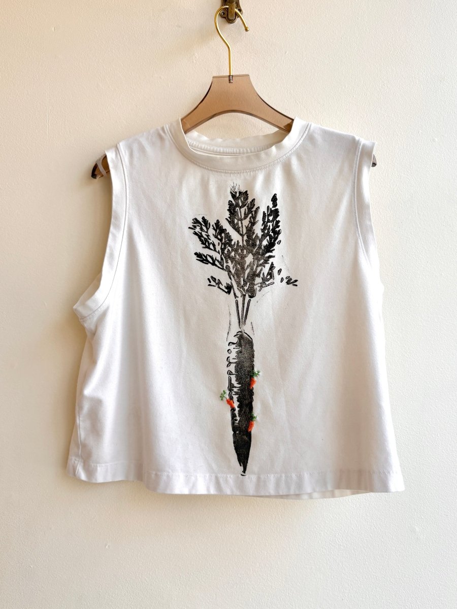 “Jude” White Green/Orange Embroidered & Stamped Carrot Print Tank (Reworked) - Made X Hudson
