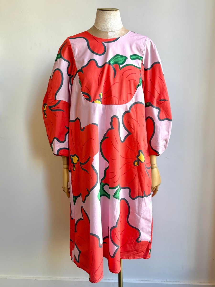 Pink & Red Flower Bib Dress w/ Balloon Sleeves - Made X Hudson