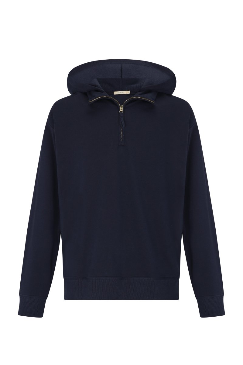 Navy Mock Neck Knit Jacket w/ Hood - Made X Hudson