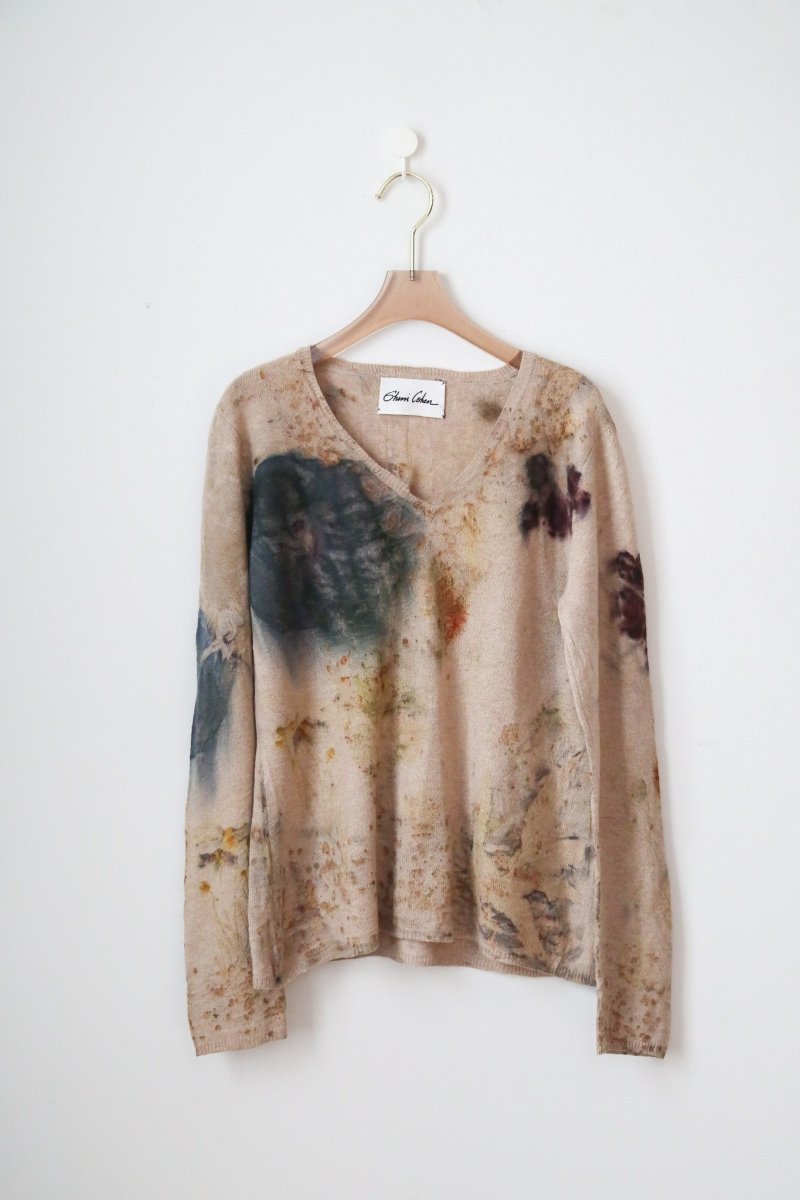 Taupe Rose Mallow Cashmere Eco Printed V-Neck Sweater (Reworked) - Made X Hudson