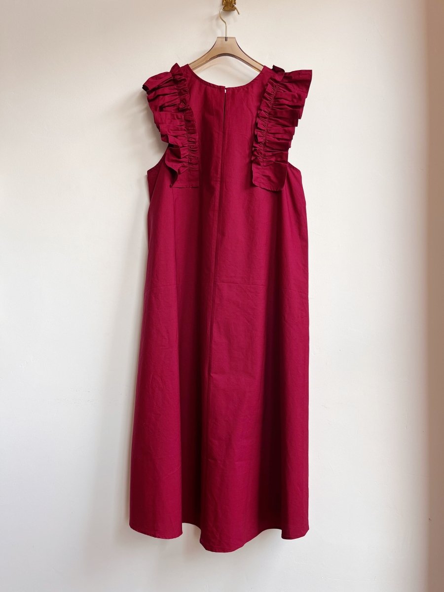Cherry Bordeaux Sleeveless Cotton Aria Ruffle Dress w/ Belt - Made X Hudson