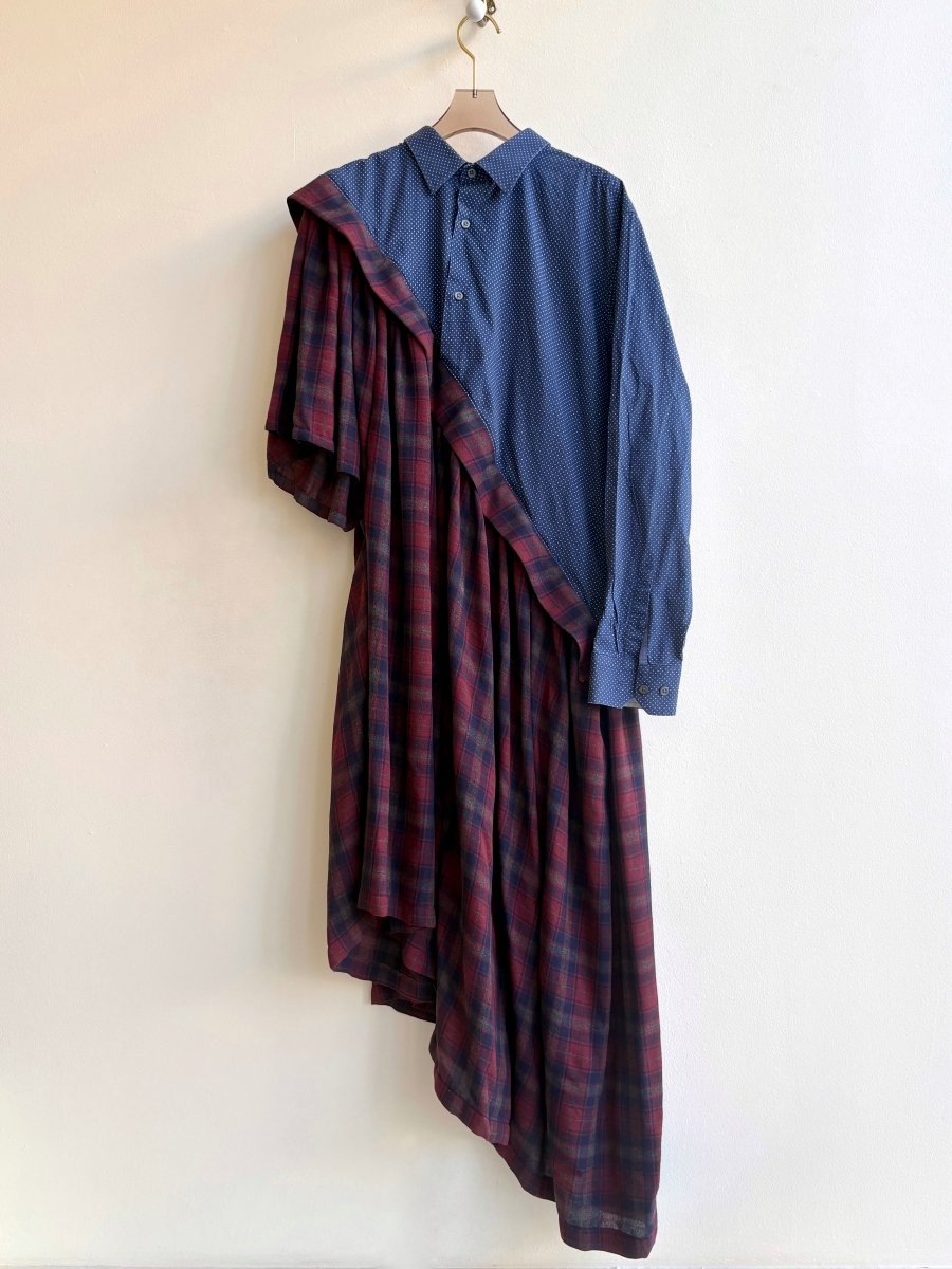 Asymmetric Shirtwaist Dress in Blue & White Dotted with Red & Navy Plaid Skirt (Reworked) - Made X Hudson