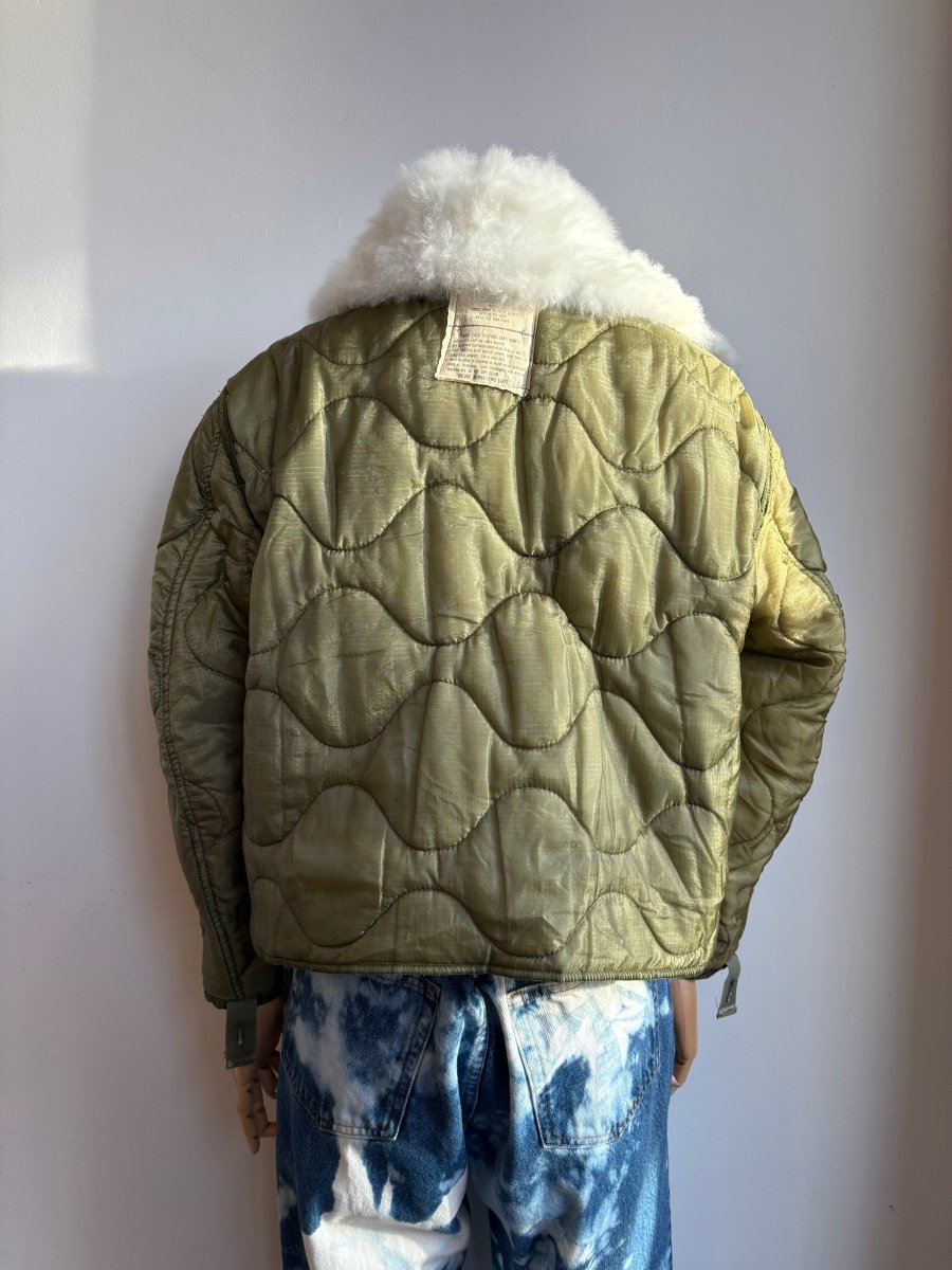 Olive Army Liner Quilted Coat w/ White Alpaca Fur Collar & Brown Canvas & Silver - Tone Clasps (Reworked) - Made X Hudson