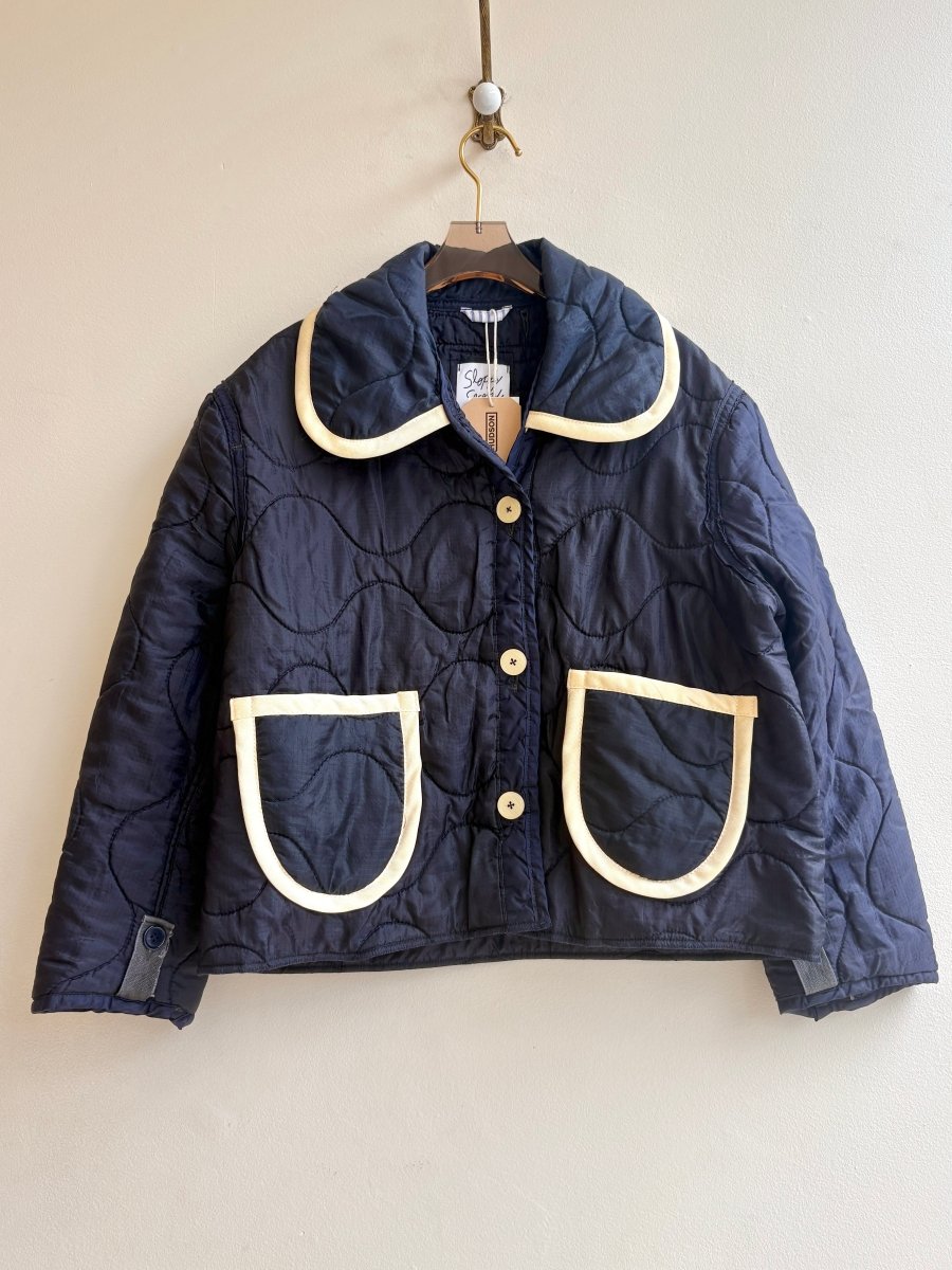 Navy Blue Army Liner Quilted Coat w/ Yellow Trimmed Pockets & Collar & Ivory Buttons (Reworked) (Copy) - Made X Hudson