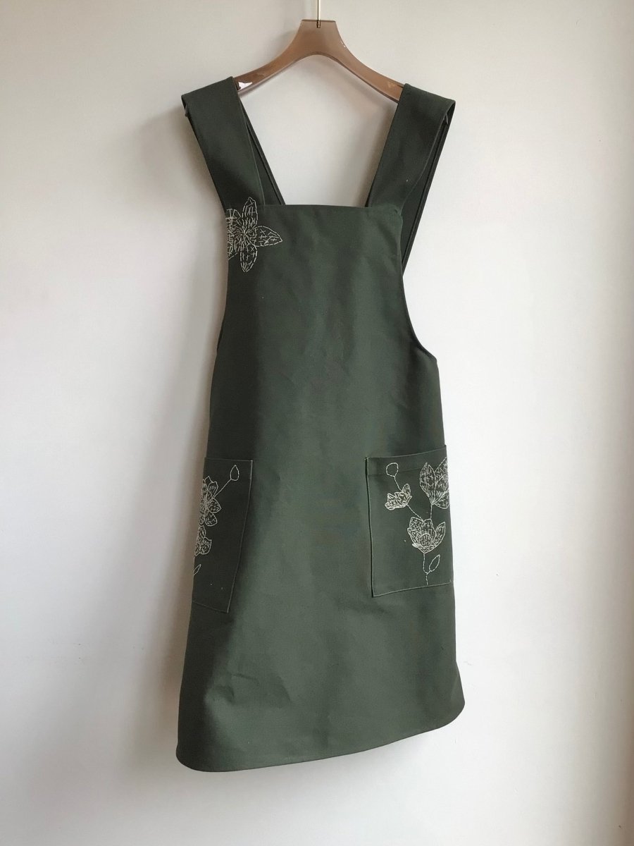 Army Green Cotton Canvas Hand - Embroidered Pinafore Apron - Made X Hudson
