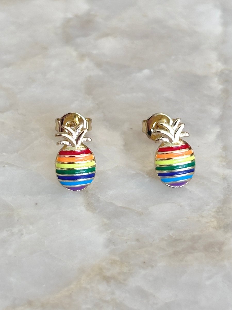 14K Plated Rainbow Pineapple Enamel Stud Earrings - Made X Hudson