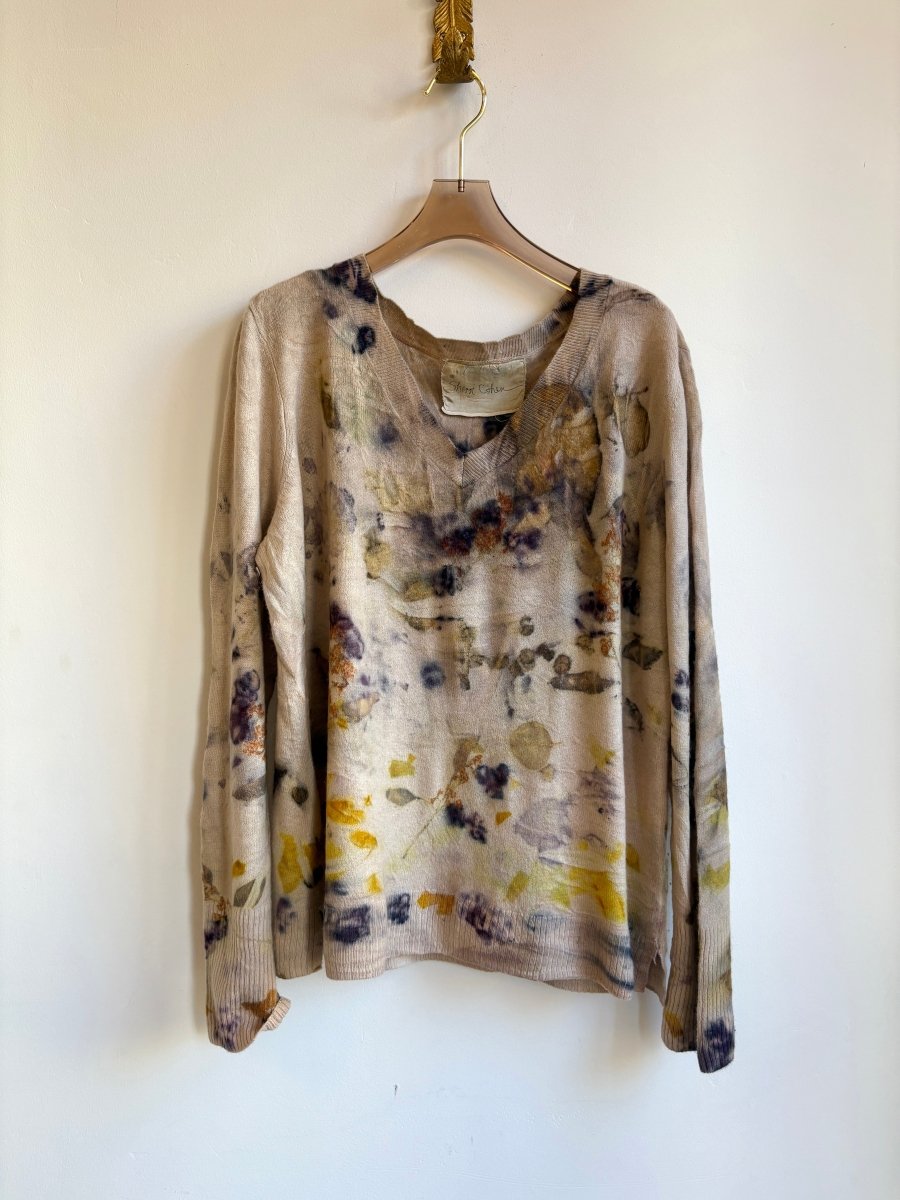 Pale Pink & Yellow Cashmere Eco Printed V - neck Sweater (Reworked) - Made X Hudson