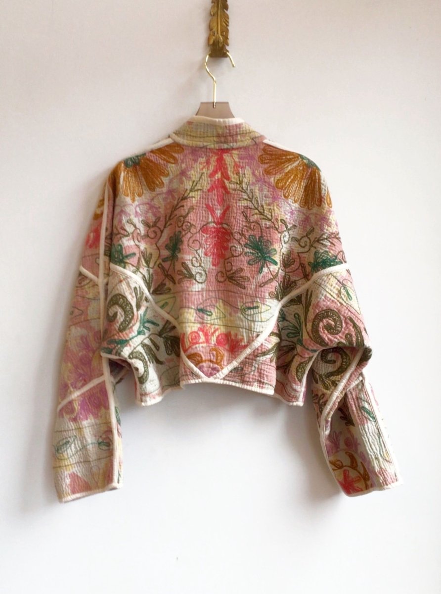 Reversible Kaira Quilted Cropped Jacket in Colors Blush, Mauve, Grey & Powder Blue, Blush - Made X Hudson