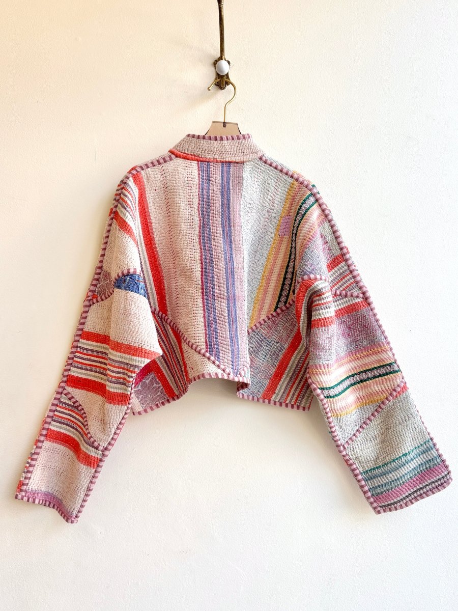 Reversible Kaira Quilted Cropped Jacket in Colors Pink, Orange, Lavender, Cream Stripes - Made X Hudson