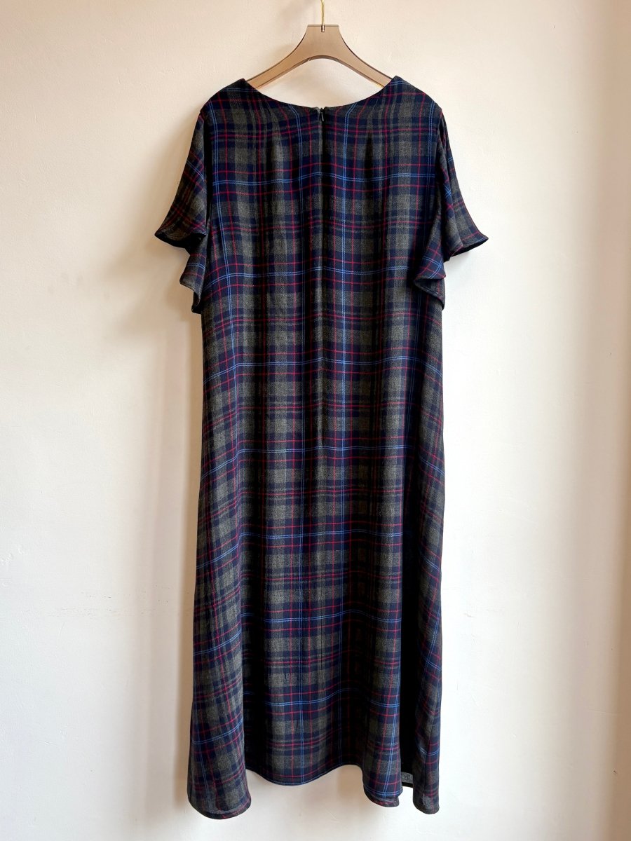 Navy, Blue, Grey, & Red Plaid Chore Dress w/ Flutter Sleeve - Made X Hudson