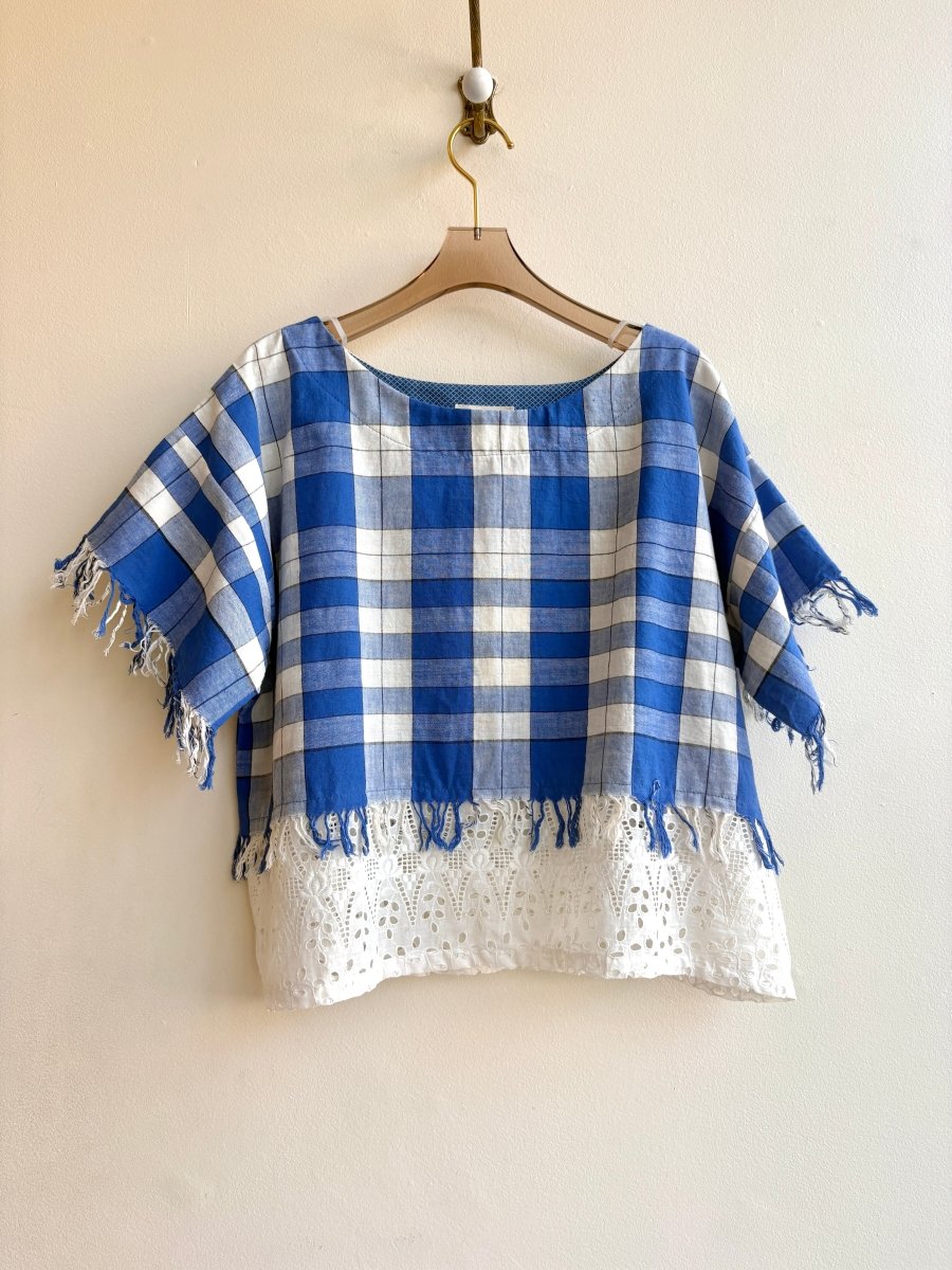 Blue and White Broad Checker Box Top with Eyelet Trim - Made X Hudson