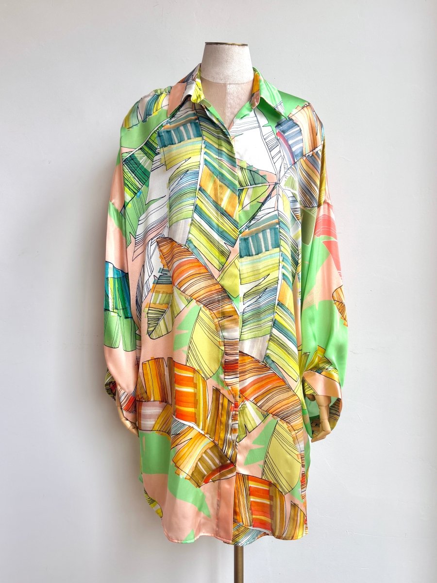 Silk Button Down Long Shirt in Lime and Pink Tropical Leaf Print - Made X Hudson