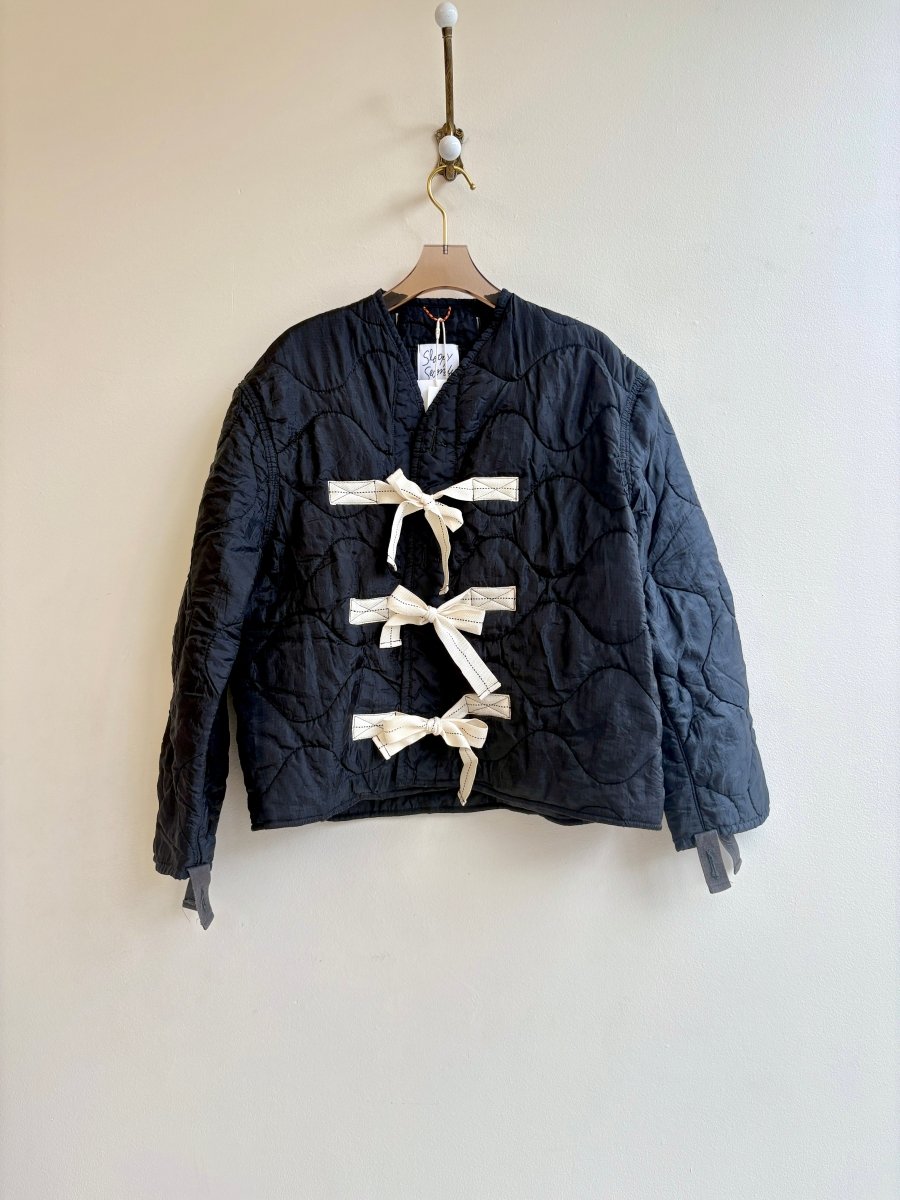 Black Army Liner Large Pattern Quilted Coat w/ Twill Tape Ties (Reworked) - Made X Hudson