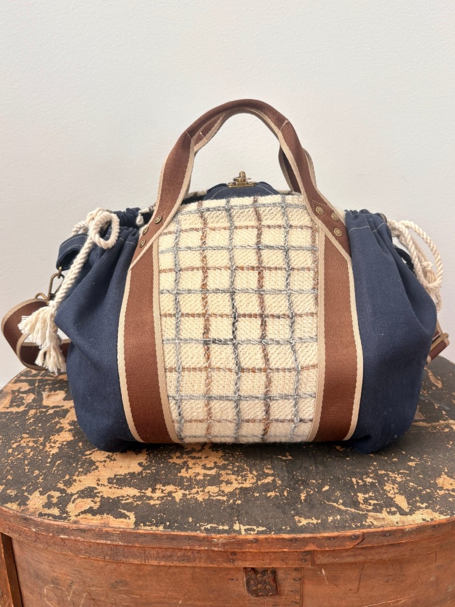 Mini Cross - Body Duffel Bag in Navy Hemp Cotton and Woven Grid Pattern w/ Brown Webbing - Made X Hudson