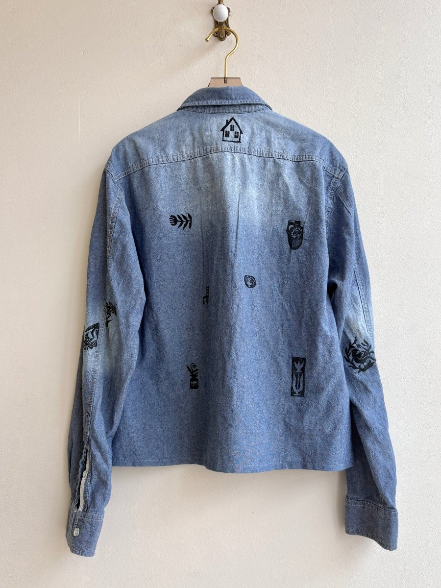 Tiny Print Cropped Button Up Light Blue Denim in Black | Block Printed (Reworked) - Made X Hudson
