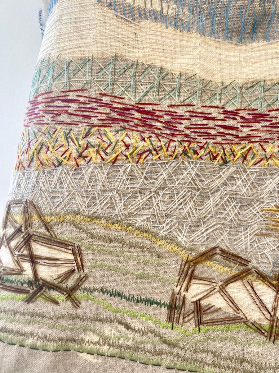 Gray Organic Linen Tote Bag w/ Hand Embroidered View from Olana - Made X Hudson