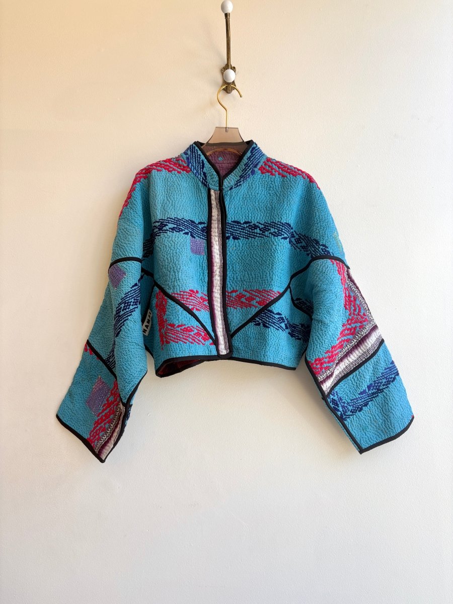 Reversible Kaira Quilted Cropped Jacket in Colors Aqua, Navy, Red & Purple, Rust, Navy, Teal - Made X Hudson