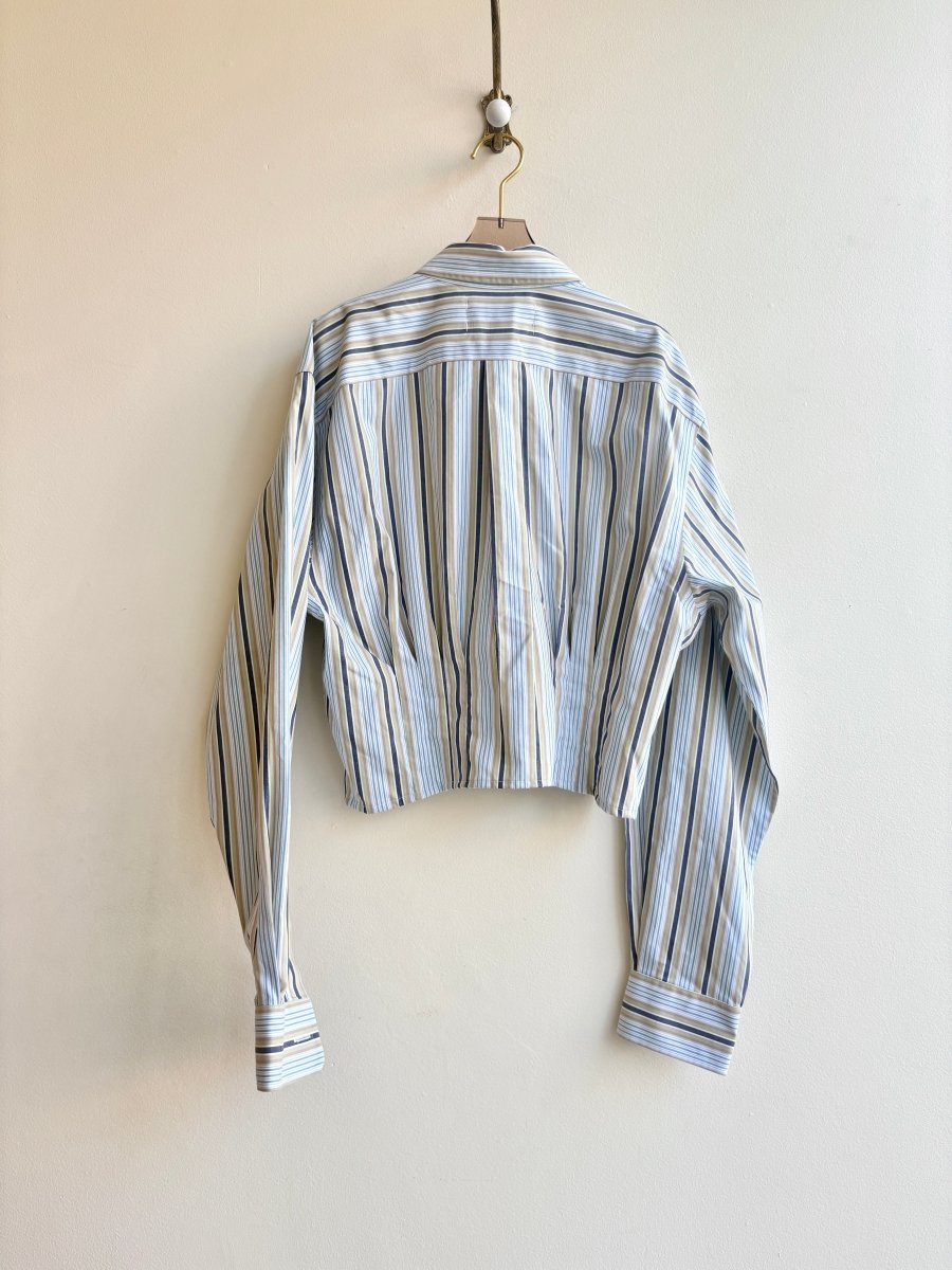 The Kevin Top | Pale Blue, Sage, & Charcoal Stripe Top w/ Gathered Waist (Reworked) - Made X Hudson