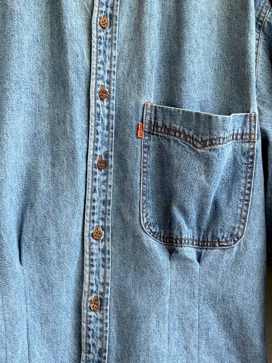 The Kevin Top | Vintage Blue Denim Top w/ Copper Buttons & Gathered Waist (Reworked) - Made X Hudson