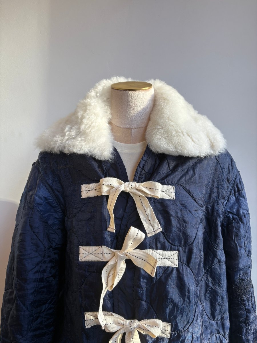 Navy Army Liner Quilted Coat w/ White Alpaca Fur Collar & Twill Tape Ties (Reworked) - Made X Hudson