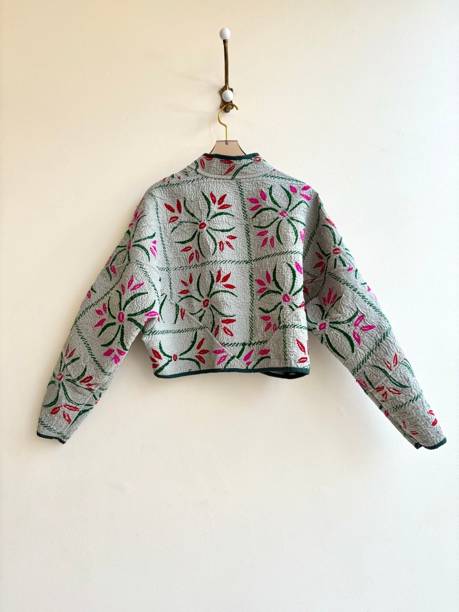 Reversible Kaira Quilted Cropped Jacket in Colors Pale Sage with Floral Embroidery - Made X Hudson