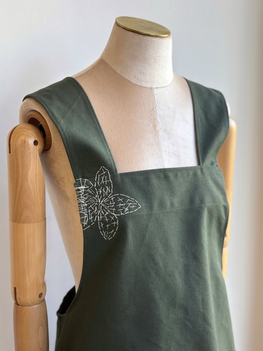 Army Green Cotton Canvas Hand - Embroidered Pinafore Apron - Made X Hudson