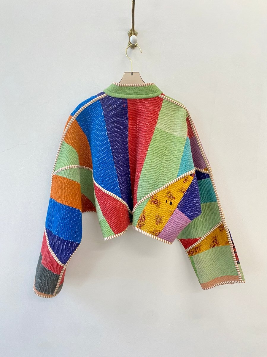 Reversible Kaira Quilted Cropped Jacket in Colors Blue, Yellow, Red, Green w/ Black & White Flowers & Red, Sage Green, Purple & Mustard Floral Patchwork - Made X Hudson