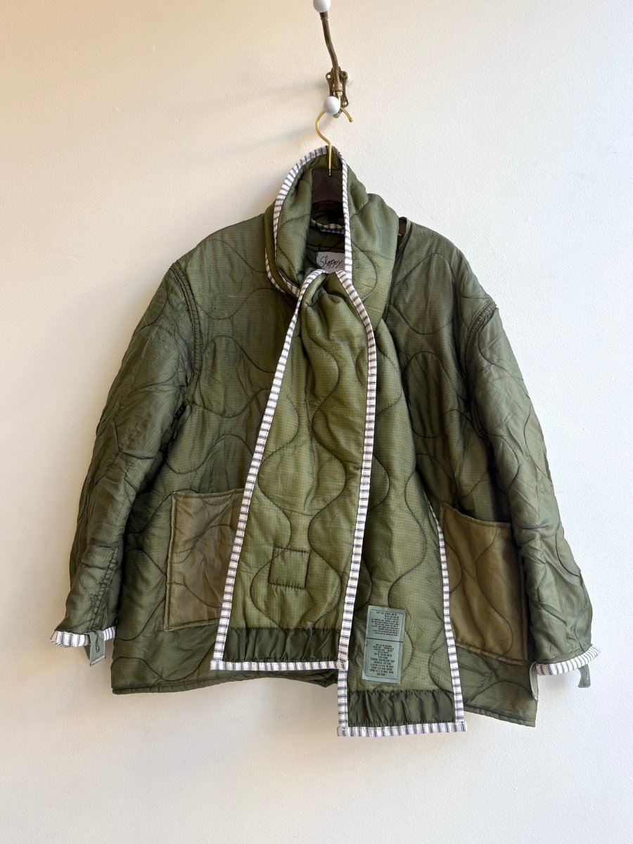 Dark Olive Green Army Liner Quilted Coat w/ Dark Olive Scarf & Cream Zipper (Reworked) - Made X Hudson